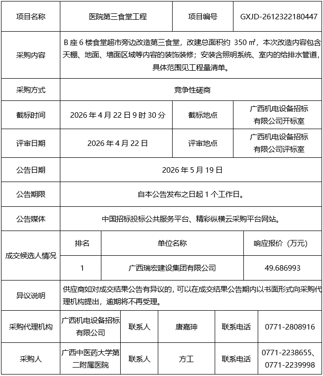 医院第三食堂工程（GXJD-2612322180447）成交结果公告